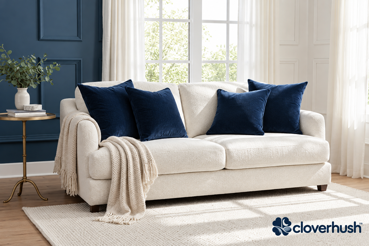 Cloverhush navy pillows styled on a cream sofa