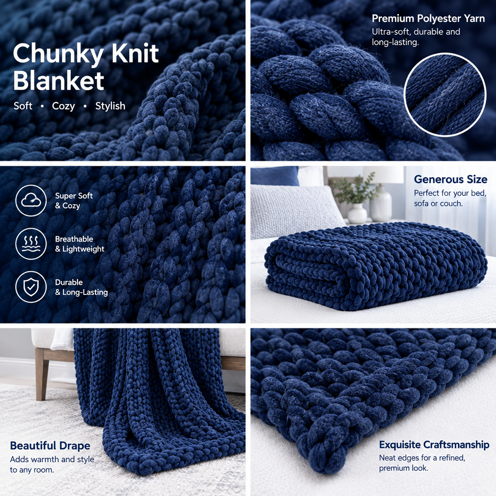 Navy Chunky Knit Throw