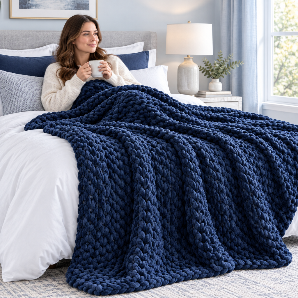 Navy Chunky Knit Throw
