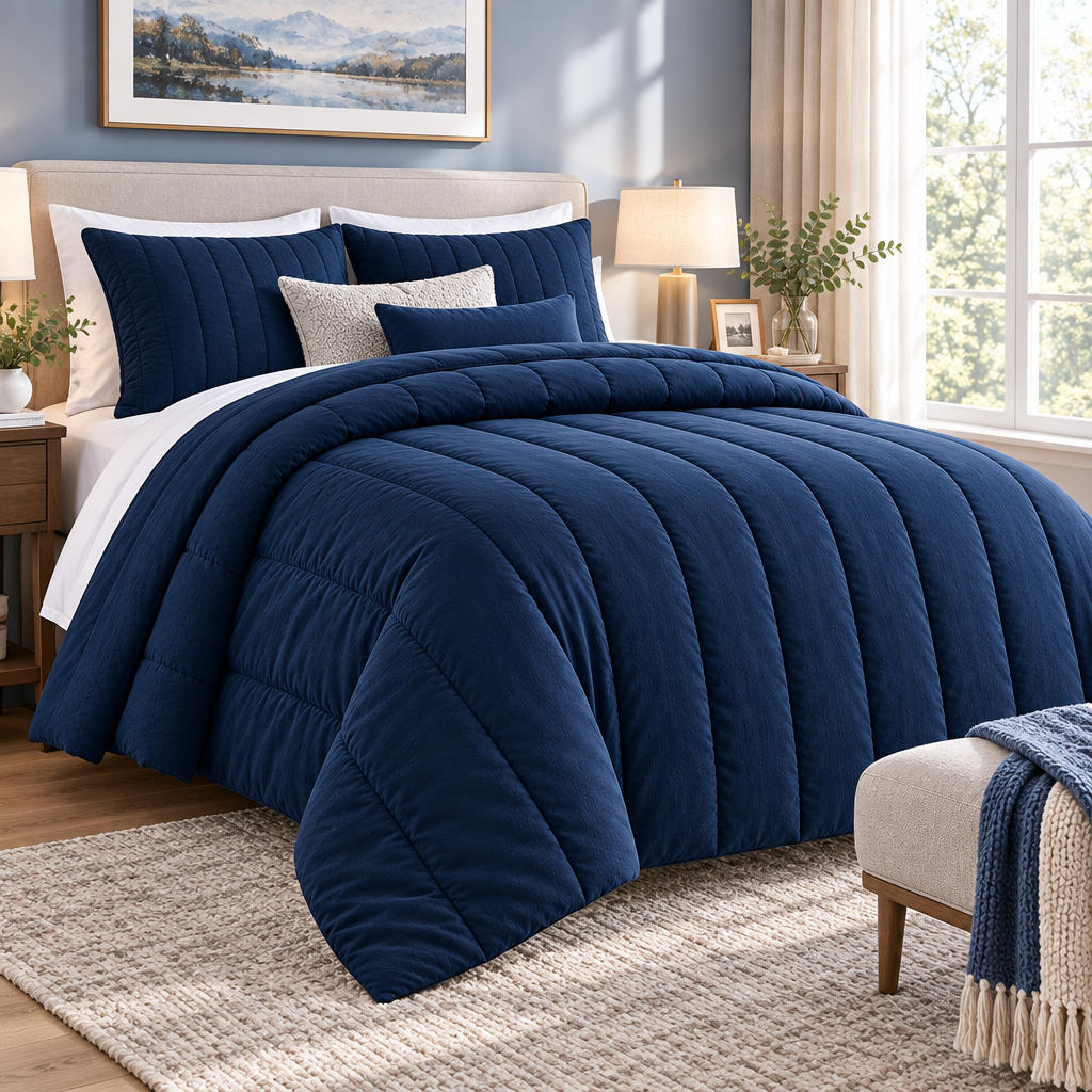Navy Channel-Stitched Comforter