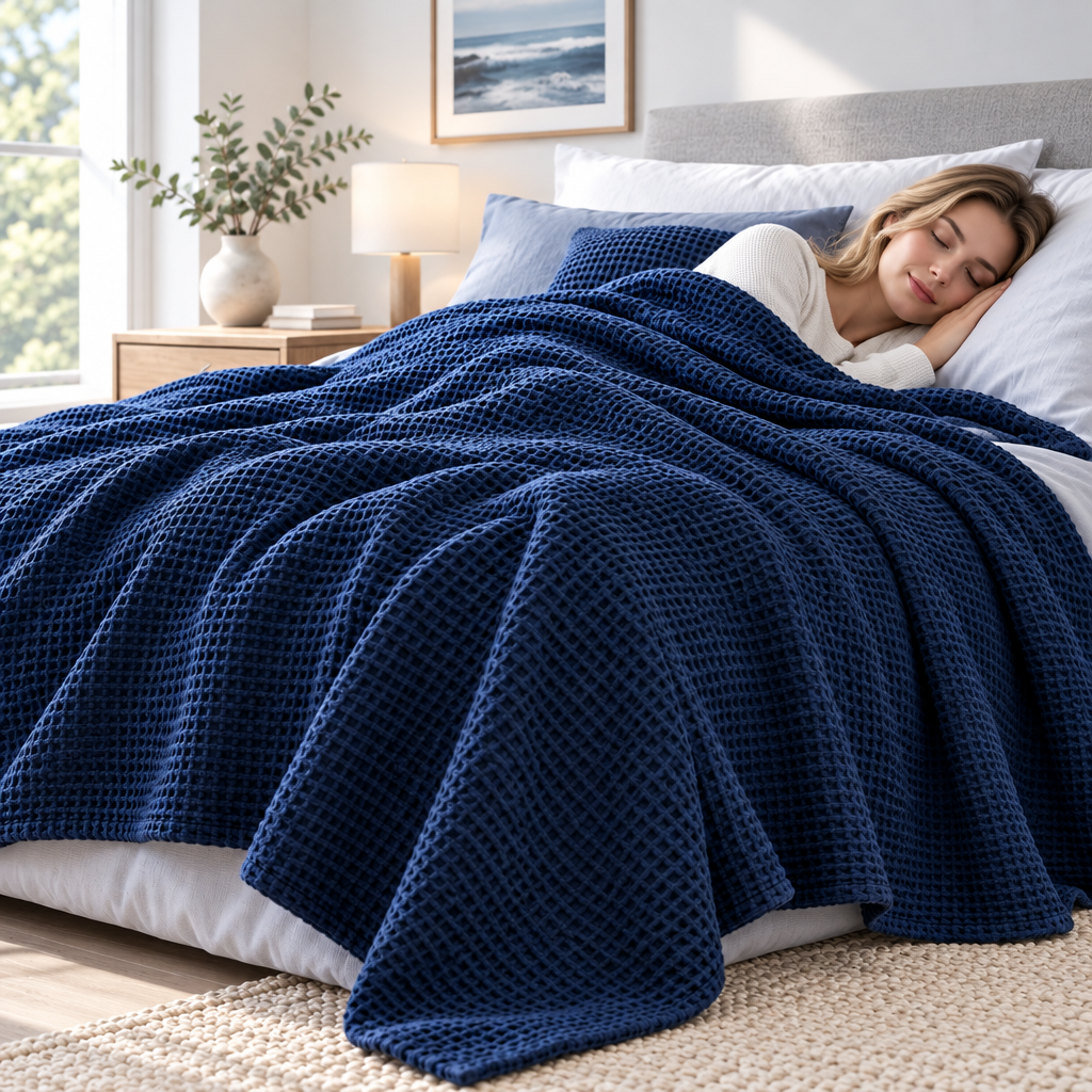 Navy Waffle Weave Blanket